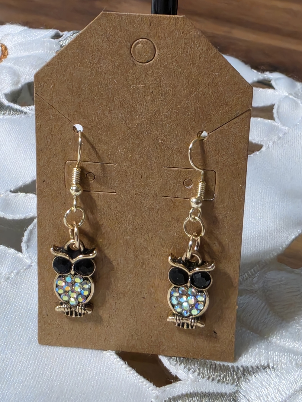 Gold Owl Drop Earrings with Sparkling Crystal Body